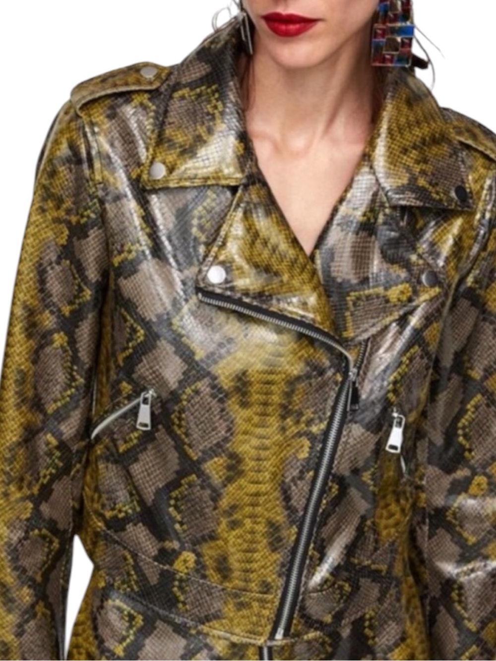 ZARA BASIC Faux Snakeskin Zipper Biker Jacket in Green/Brown/Tan Size Small